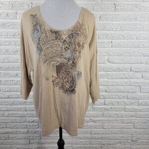 Laura Scott Womens Top 3X Plus 3/4 Sleeve Beige Tan Paisley Cotton Blend PAI23E
